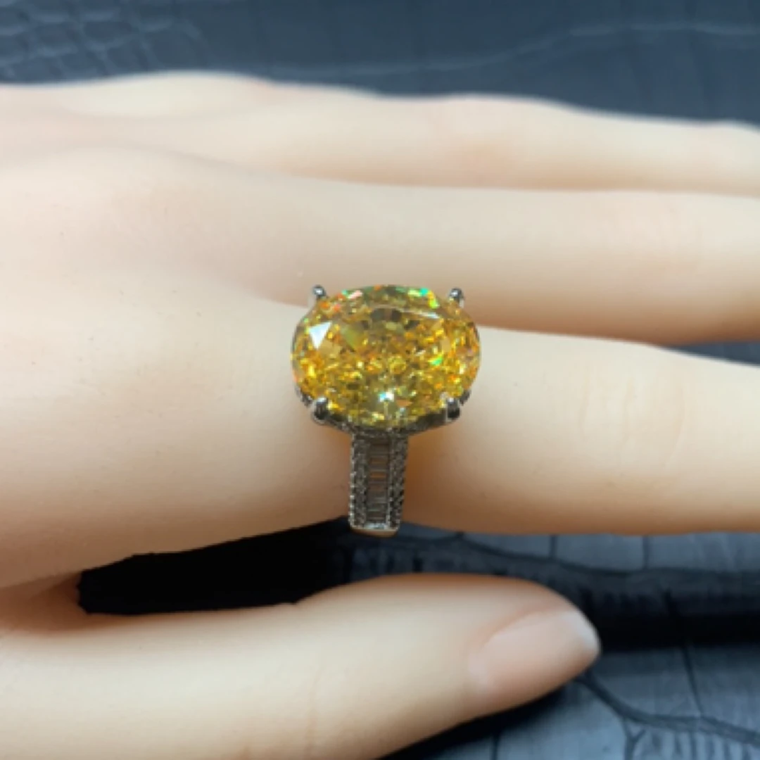 铜合金锆石戒指 冰花切椭圆莫桑戒时尚手工黄色蛋面戒指活口153