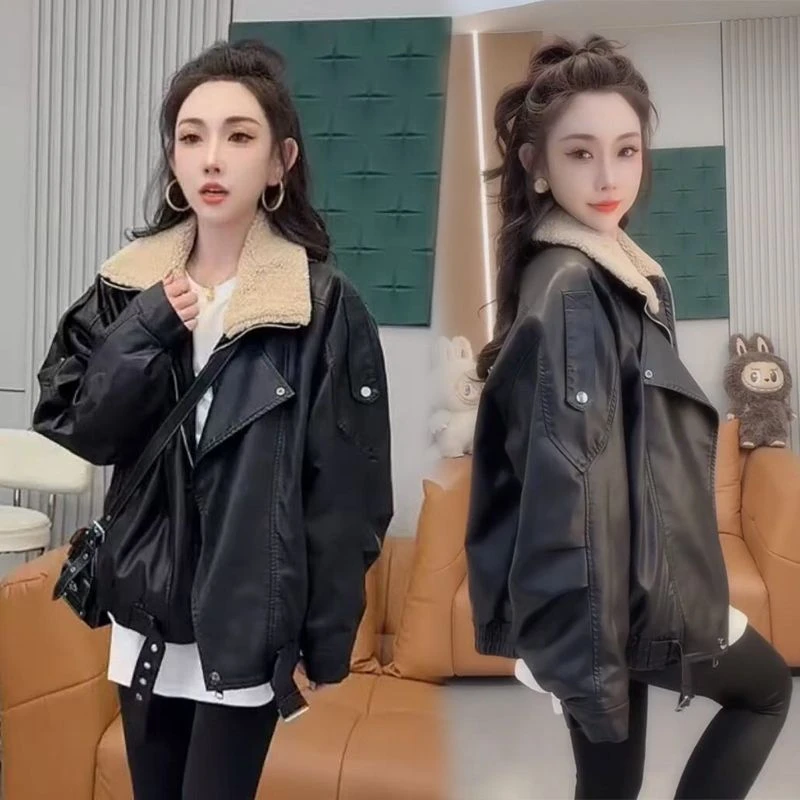 加绒加厚保暖PU皮衣外套女2025冬季新款洋气宽松显瘦机车服夹克潮