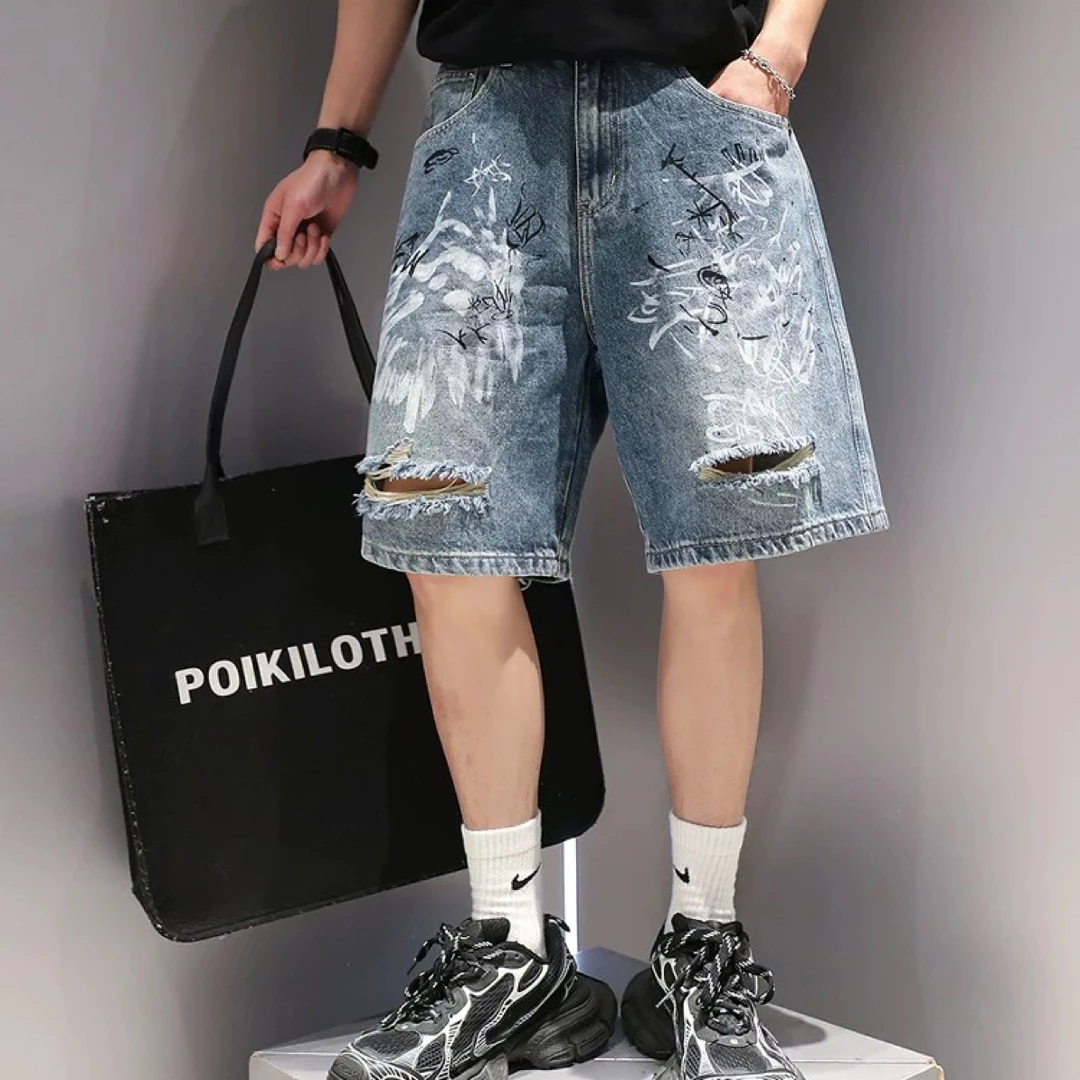 【手绘涂鸦短裤】美式潮牌复古做破重工男女百搭宽松时尚短裤