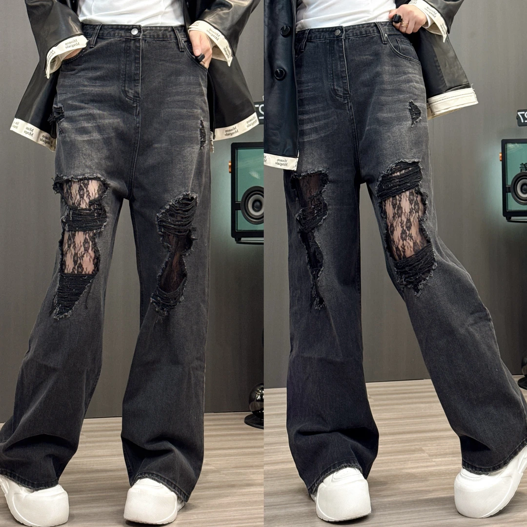 2025早春新款时尚设计感双腿蕾丝破洞拉丝宽松百搭拖地牛仔裤