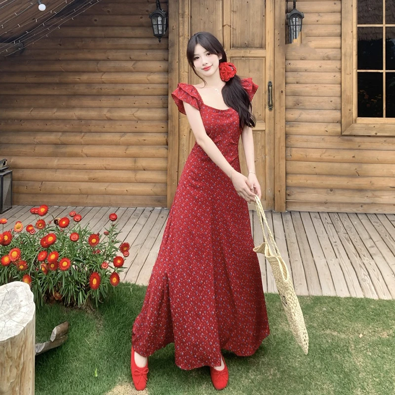 大码法式甜美度假风连衣裙女夏胖mm小飞袖收腰遮肉显瘦碎花大摆裙