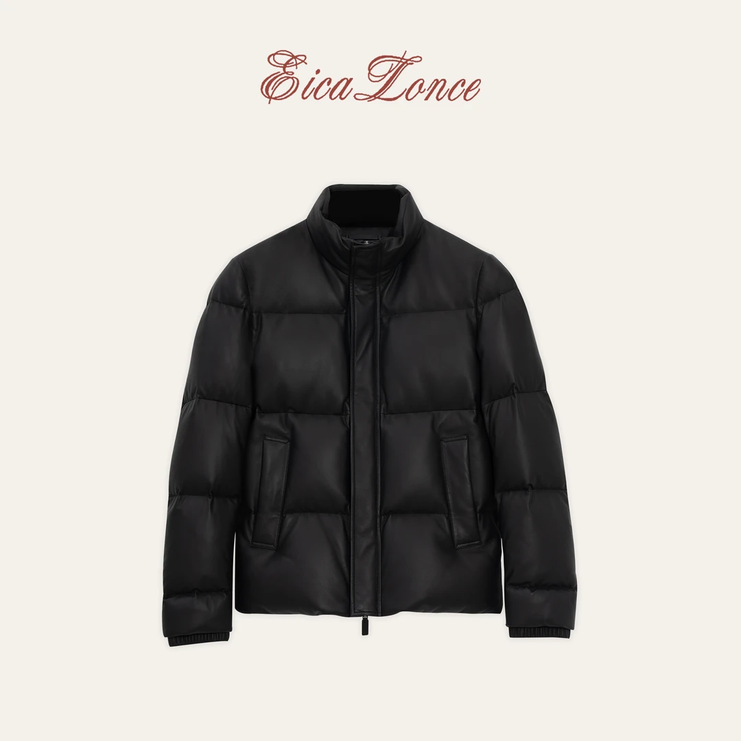 意卡伦萨 高端黑标 西班牙萨丁100%头层绵羊皮重磅鹅绒羽绒服男