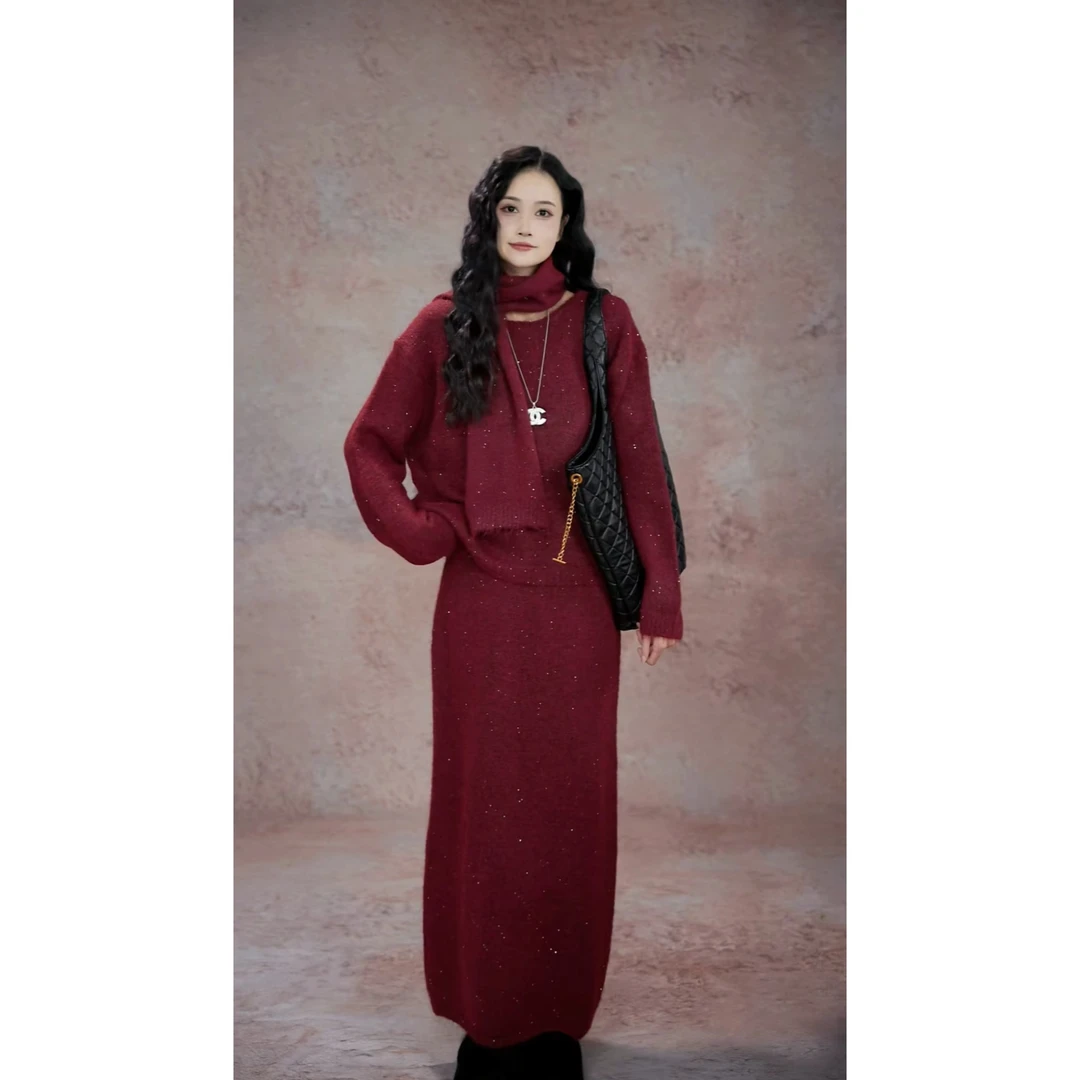 秋冬马海毛三件套装女法式慵懒风穿搭围巾气质女神圣诞新款