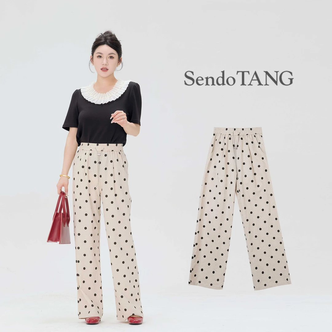 【山苍】胖多家气质设计感时尚宽松显瘦天丝亚麻波点阔腿裤