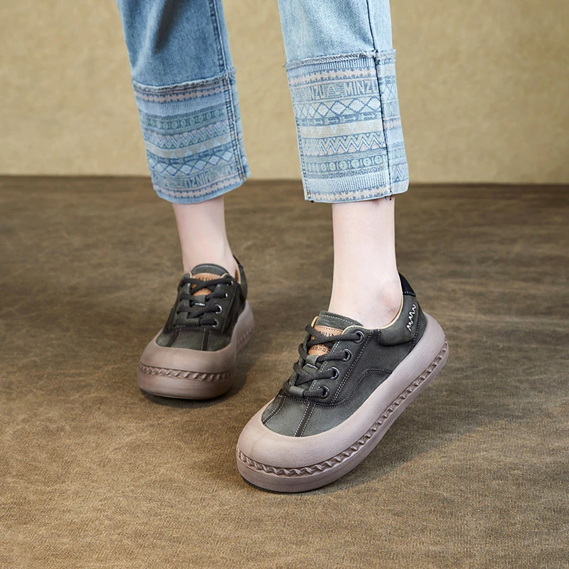 厚底单鞋女2024年秋季新款系带真皮休闲女鞋复古头层牛皮松糕鞋子