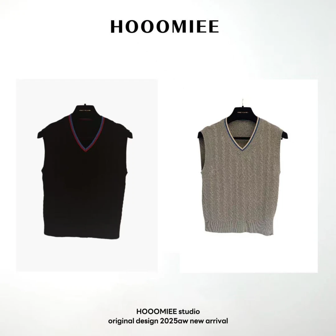 Hooomiee经典绞花套头V领休闲百搭无袖针织背心2024798