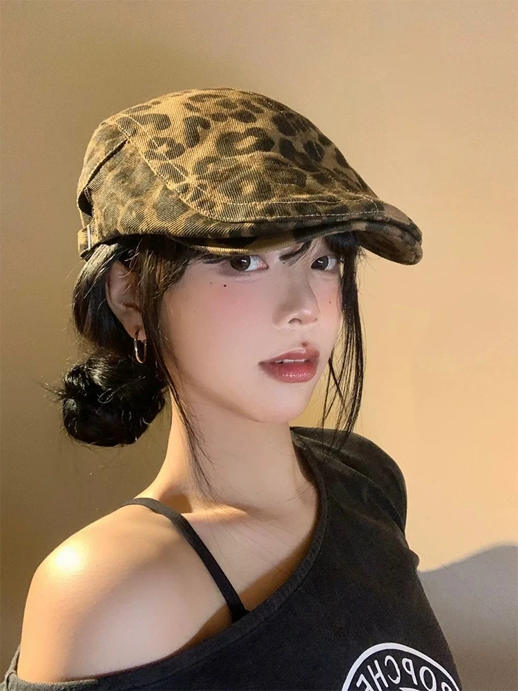 【四季皆宜】豹纹前进帽贝雷帽美式复古辣妹小众Y2K大头围百搭帽子