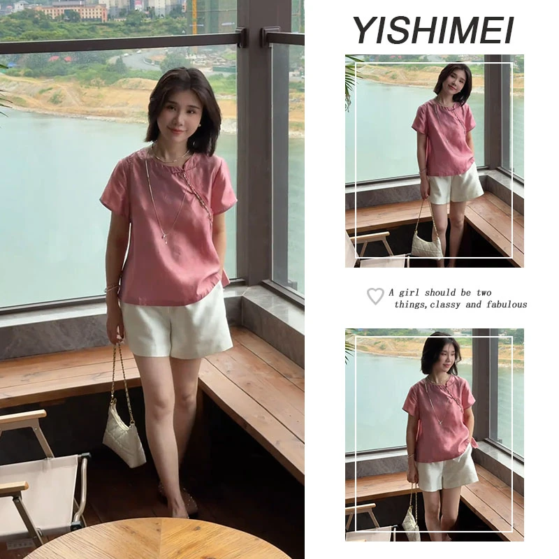 2025夏季女新款新中式精致减龄大码上衣百搭宽松休闲直筒短裤套装