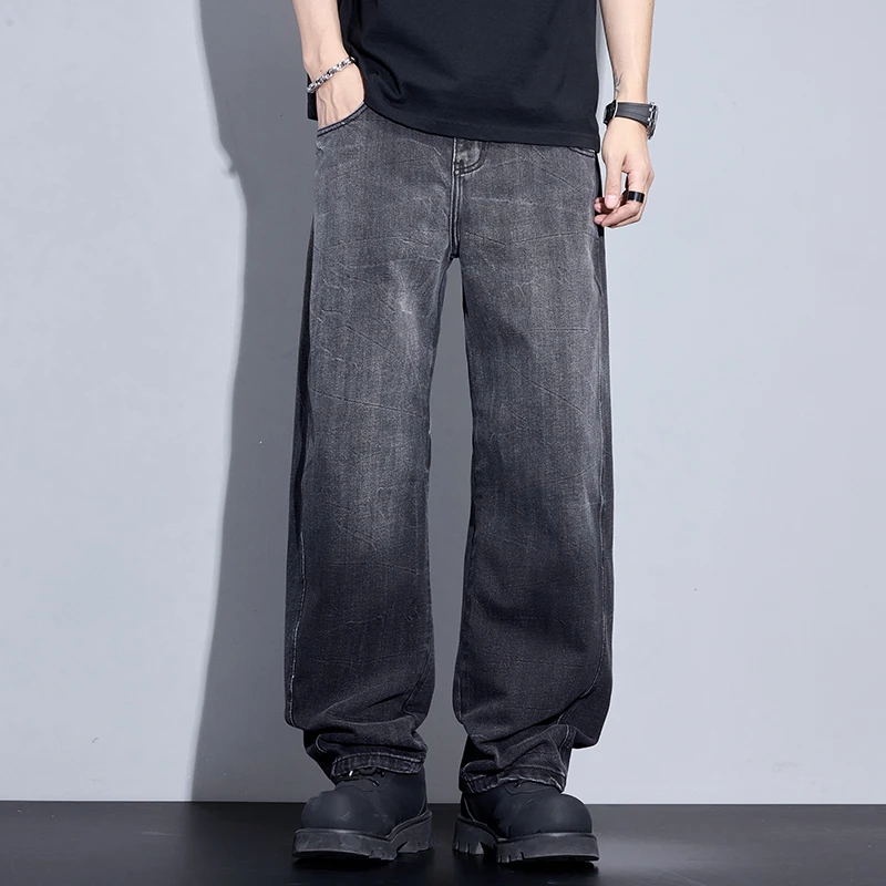 Kuvine潮牌牛仔裤男生宽松2025年春季新款美式高街黑色渐变弯刀裤