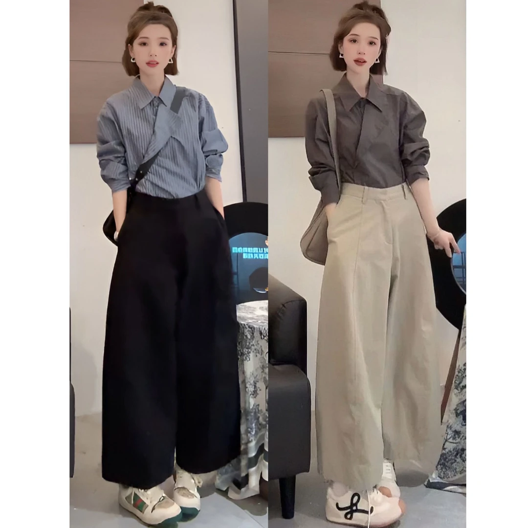 秋季穿搭一整套女设计感韩系时尚polo长袖衬衫休闲阔腿裤两件套潮
