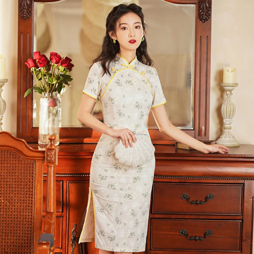 【3049  繁花似锦 香槟色】显瘦气质修身优雅复古旗袍