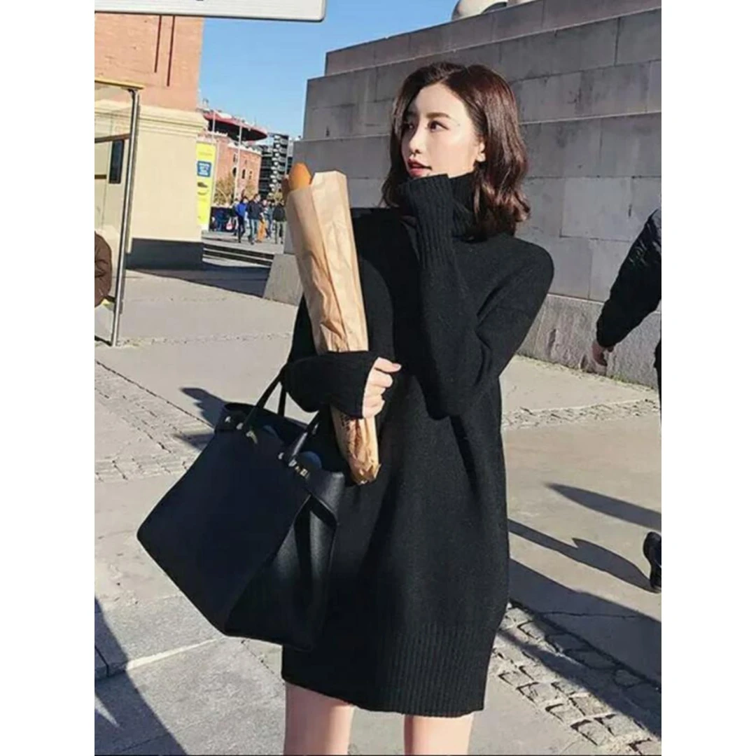 【万达撤柜】大码纯色高领针织毛衣裙女胖MM300斤秋冬内搭中长款长