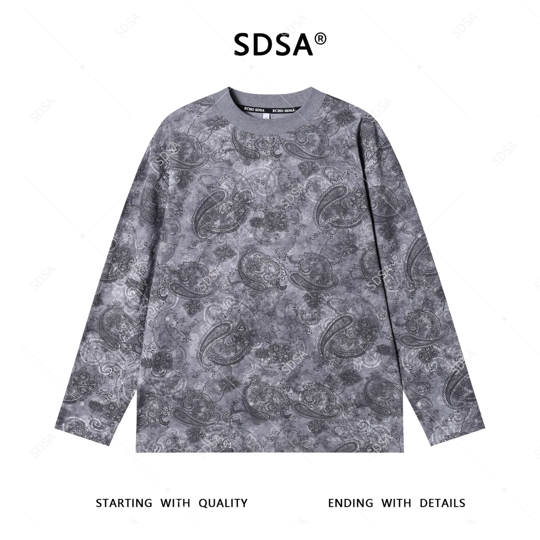 SDSA男士秋冬新款轻奢痞帅男装抽象花卉印花圆领长袖T恤宽松百搭