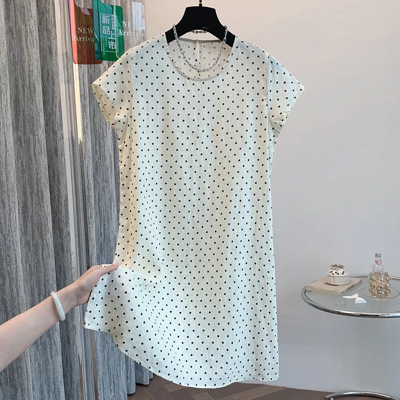 2025夏季优雅圆领短袖长裙女文艺时尚日系风格穿搭波点亚麻连衣裙