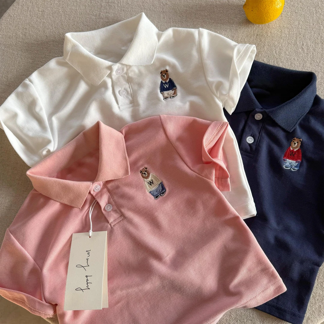 儿童短袖POLO衫2025夏季新款男童卡通小熊刺绣T恤宝宝翻领上衣