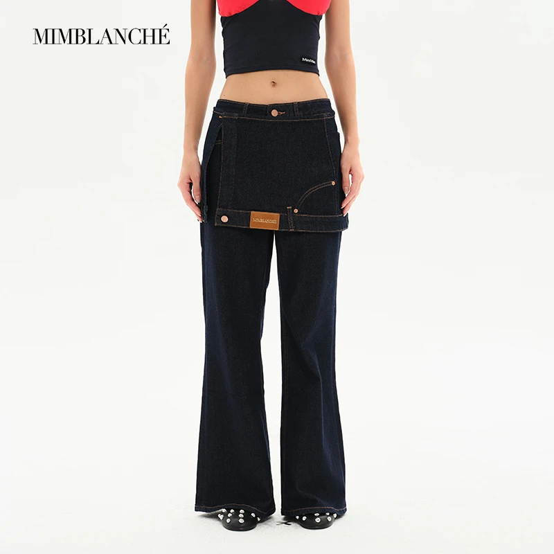 MIMBLANCHE设计感可拆卸盖片微喇原色牛仔裤