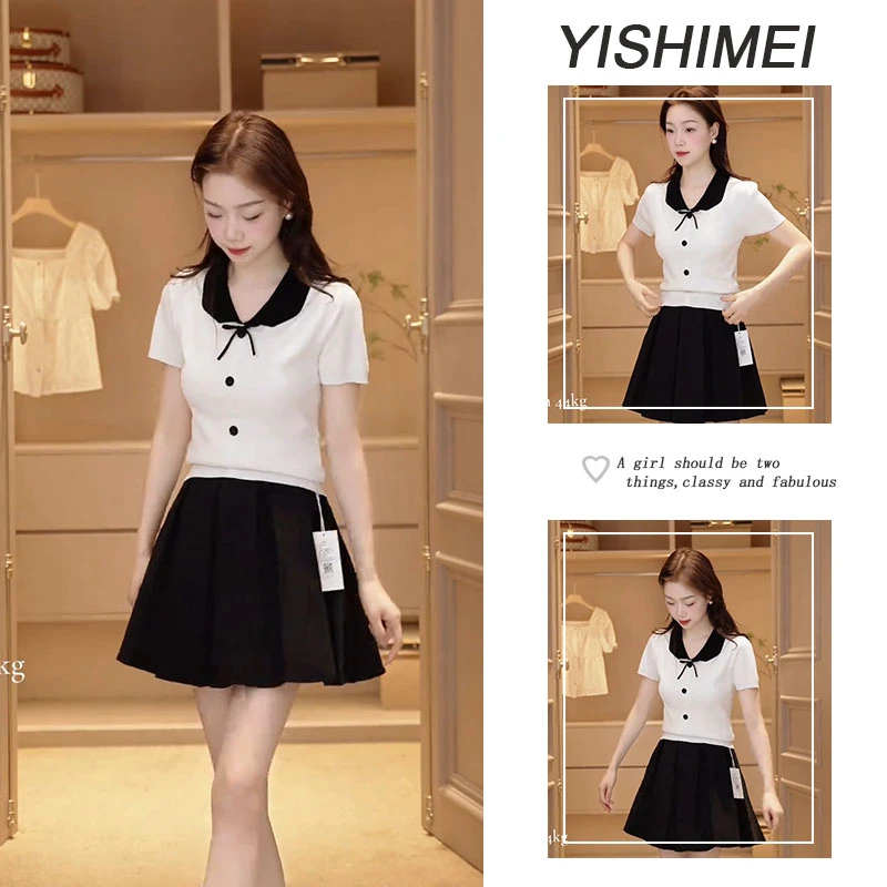 夏季时尚穿搭2025年新款韩系简约时尚百搭短袖上衣显瘦短裙两件套