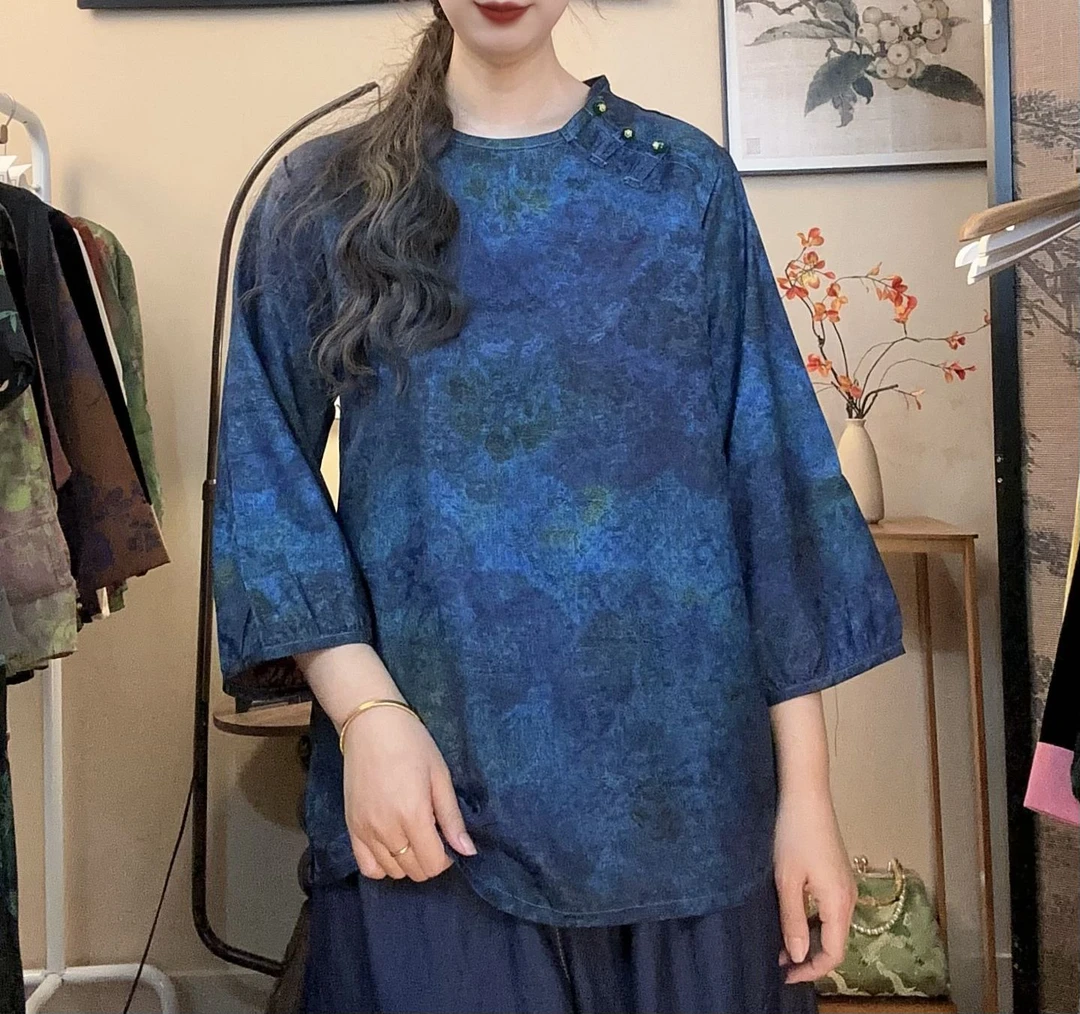 【星蓝】七分袖印染薄款上衣百搭圆领新中式风网红斜襟时尚花纹016
