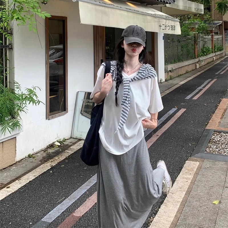 特价-夏款三季慵懒松弛v领宽松短袖T恤+条纹披肩+半身裙三件套女