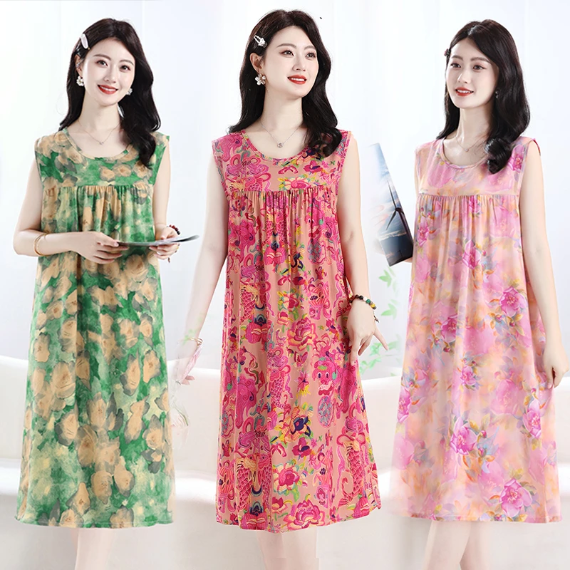 薄款时尚中长款印染简约夏季无袖绵绸睡裙碎花女士复古风宽松