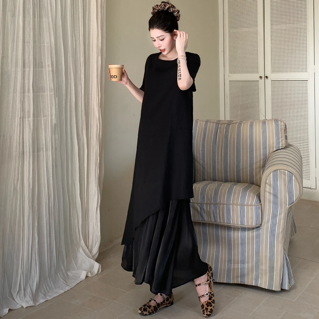 2025夏新款/小众设计极简风网纱拼接百搭棉麻长款连衣裙显瘦长裙