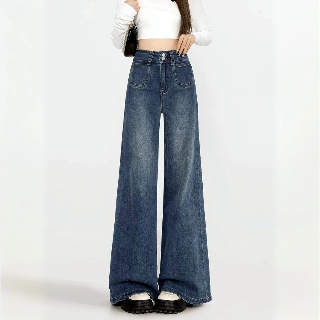 300斤大码女装复古做旧牛仔裤女胖mm新款裤子梨形宽松弹力阔腿裤
