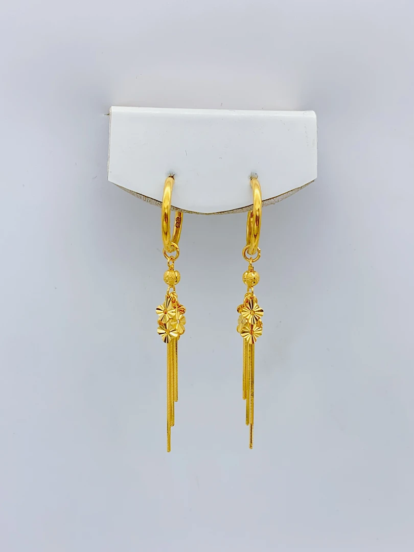 老庙黄金 足金 精工5G工艺 时尚层叠四叶草流苏 耳圈 3.7克