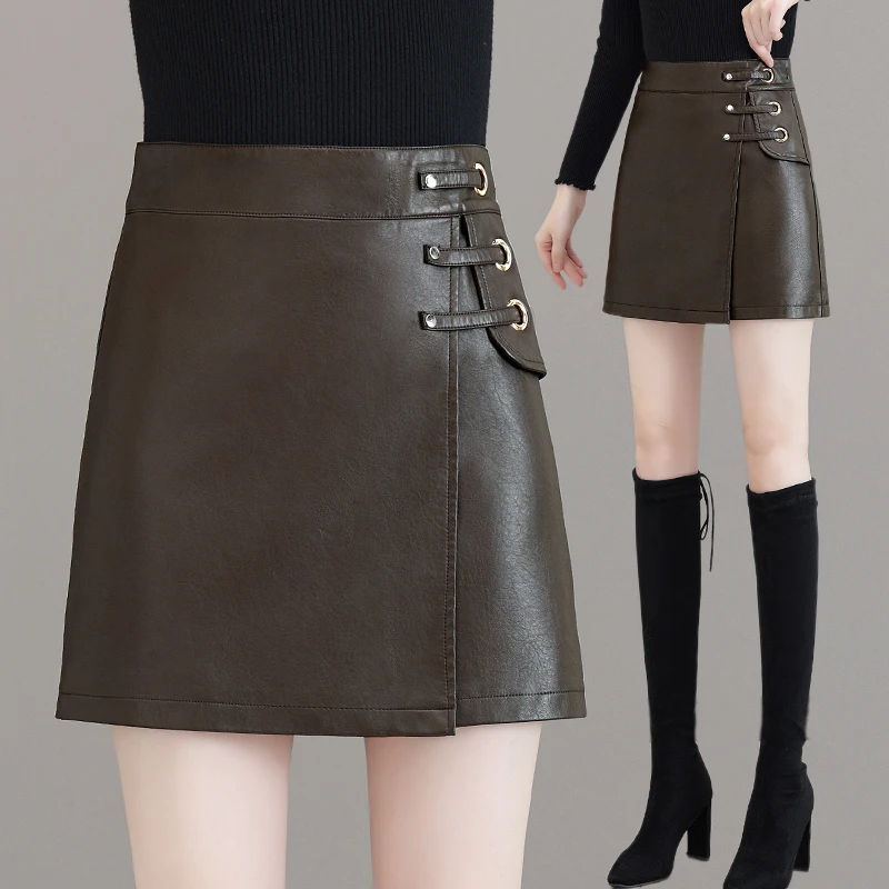 啄木鸟纹理质感咖色短裙女2025秋季新款半身裙显瘦PU皮裙高腰打底