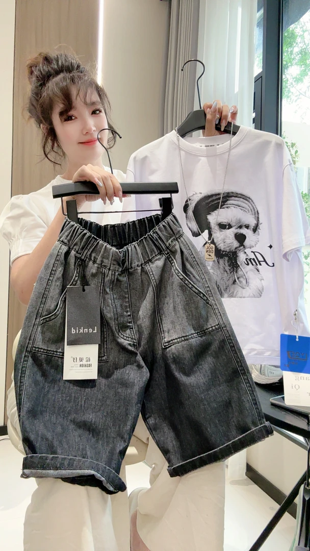 【渐变薄款五分】做旧肌理质感儿童牛仔渐变软薄中裤-牛仔短裤