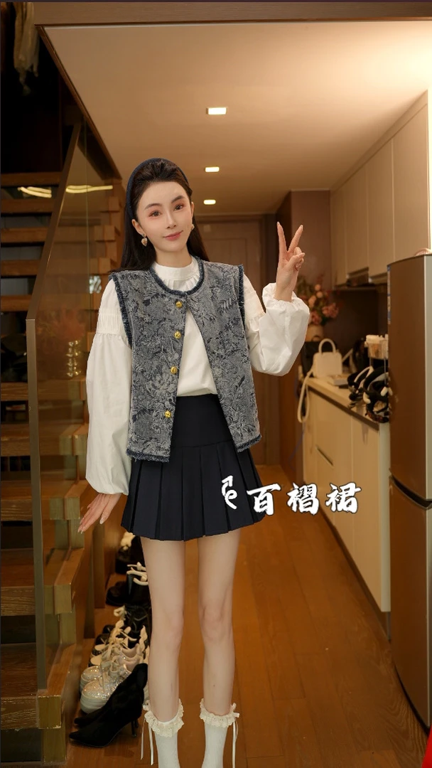 磊磊【春意油画】百褶裙 学院风高腰百搭#8887