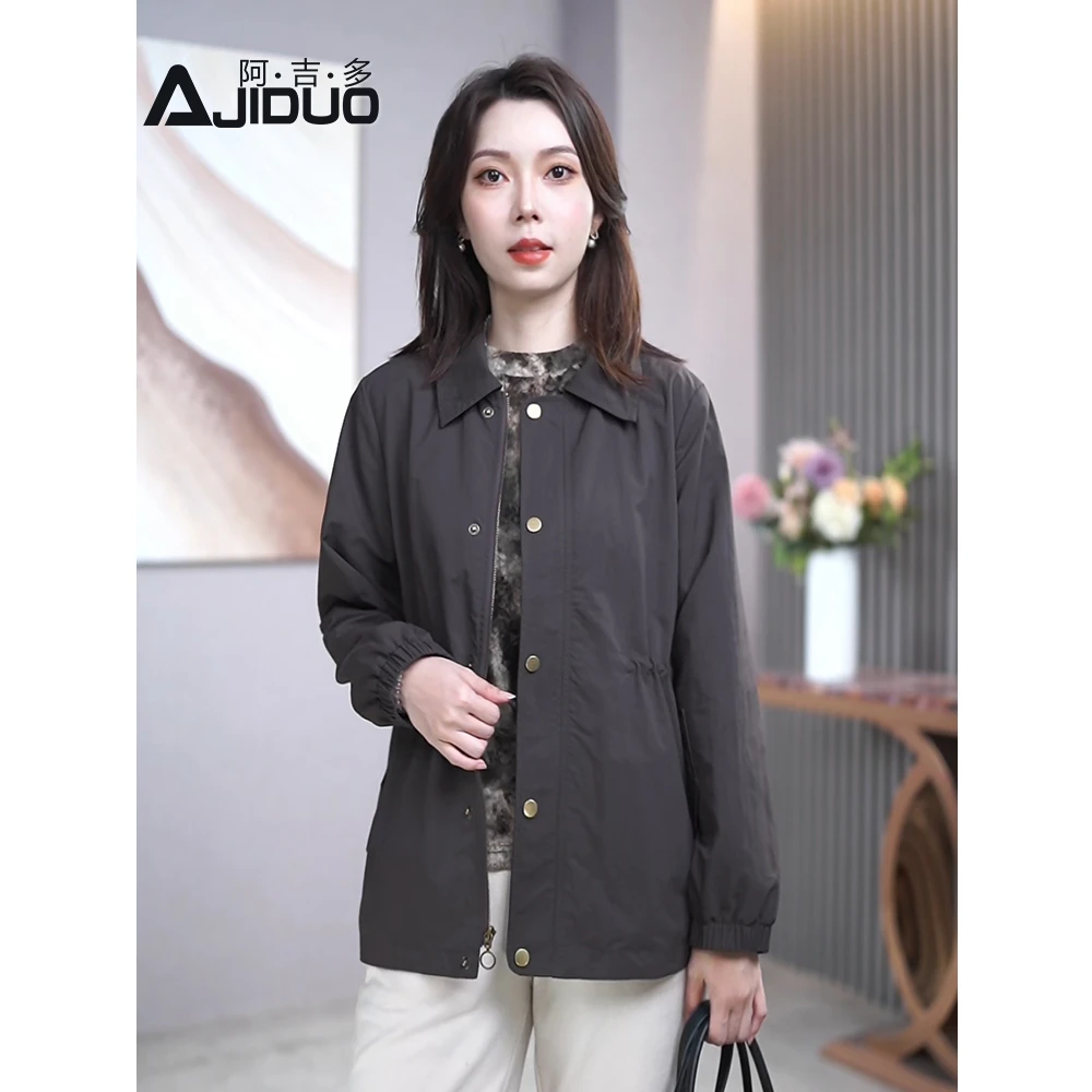 气质女士翻领长袖外套2025新款春秋风衣抽绳收腰显瘦妈妈大码上衣