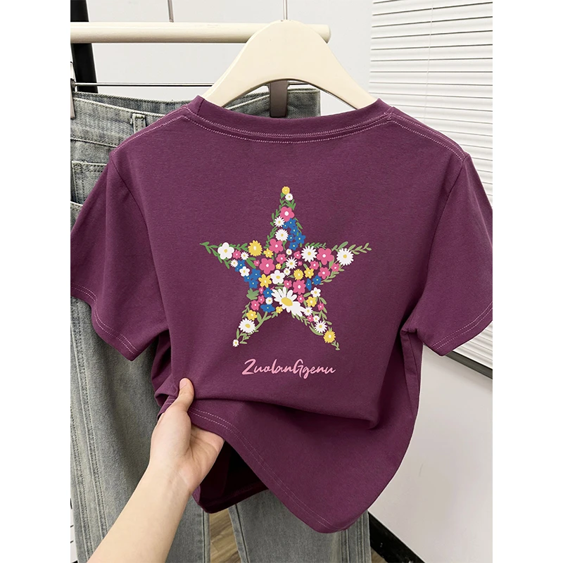 ins花朵前后印花圆领短袖t恤女装胖MM大码显瘦正肩百搭半袖上衣潮