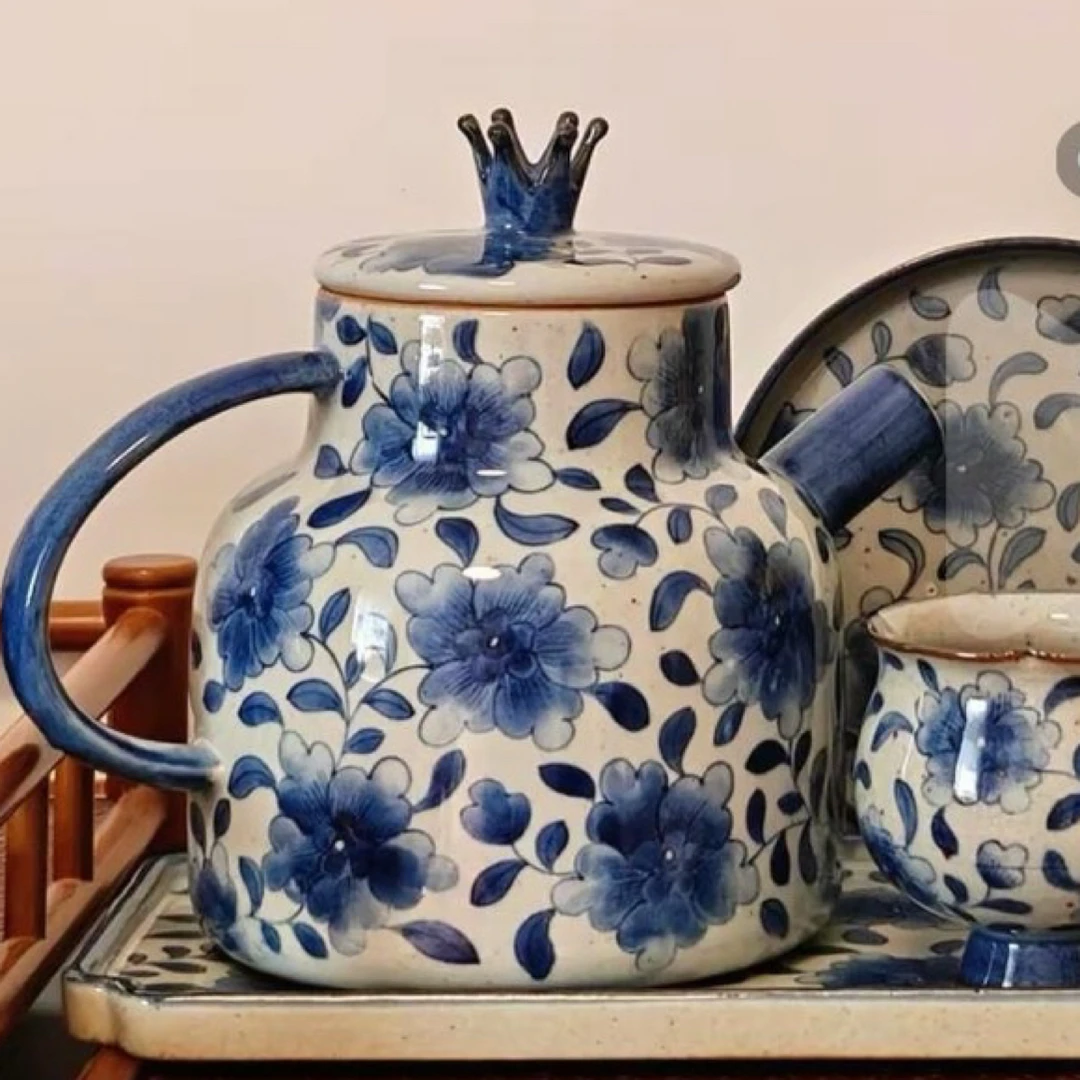 【近山古美】小蓝花皇冠凉水壶手工手绘