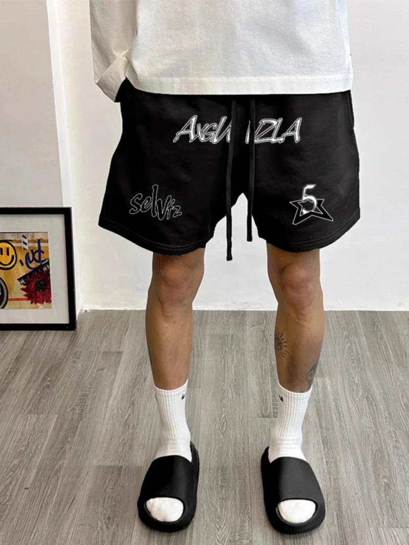 夏季美式潮牌复古高街印花休闲宽松短裤男款篮球运动抽绳五分裤子