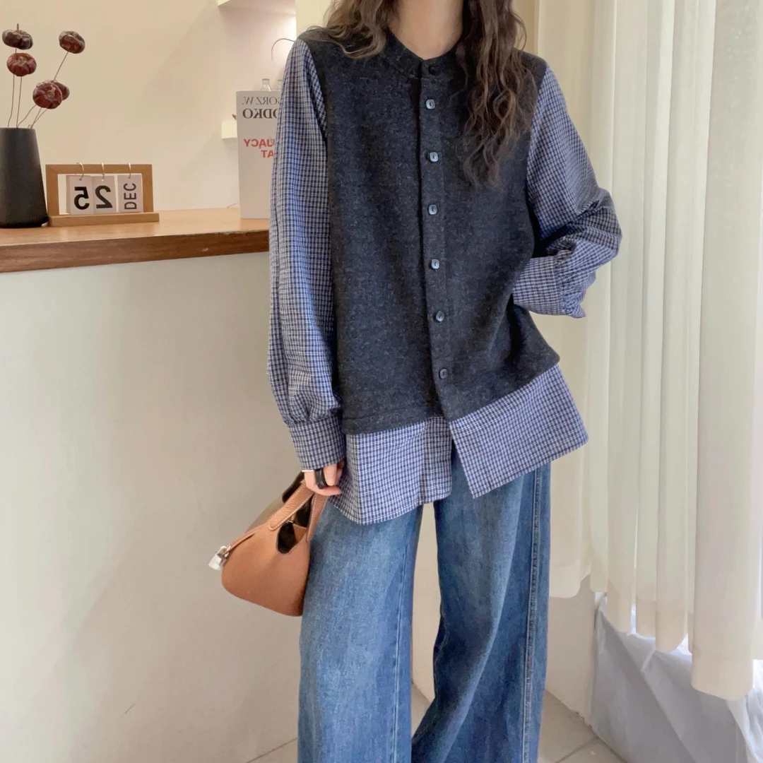 2025春季韩系小个子格子假两件拼接针织衬衫女复古休闲设计感上衣