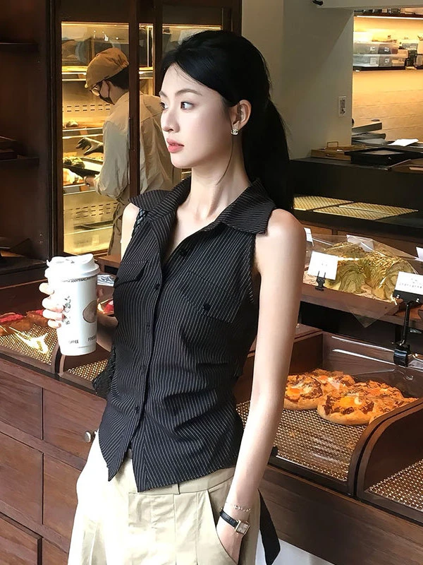 韩系辣妹气质polo领衬衫女2025夏季设计感收腰显瘦休闲阔腿长裤女