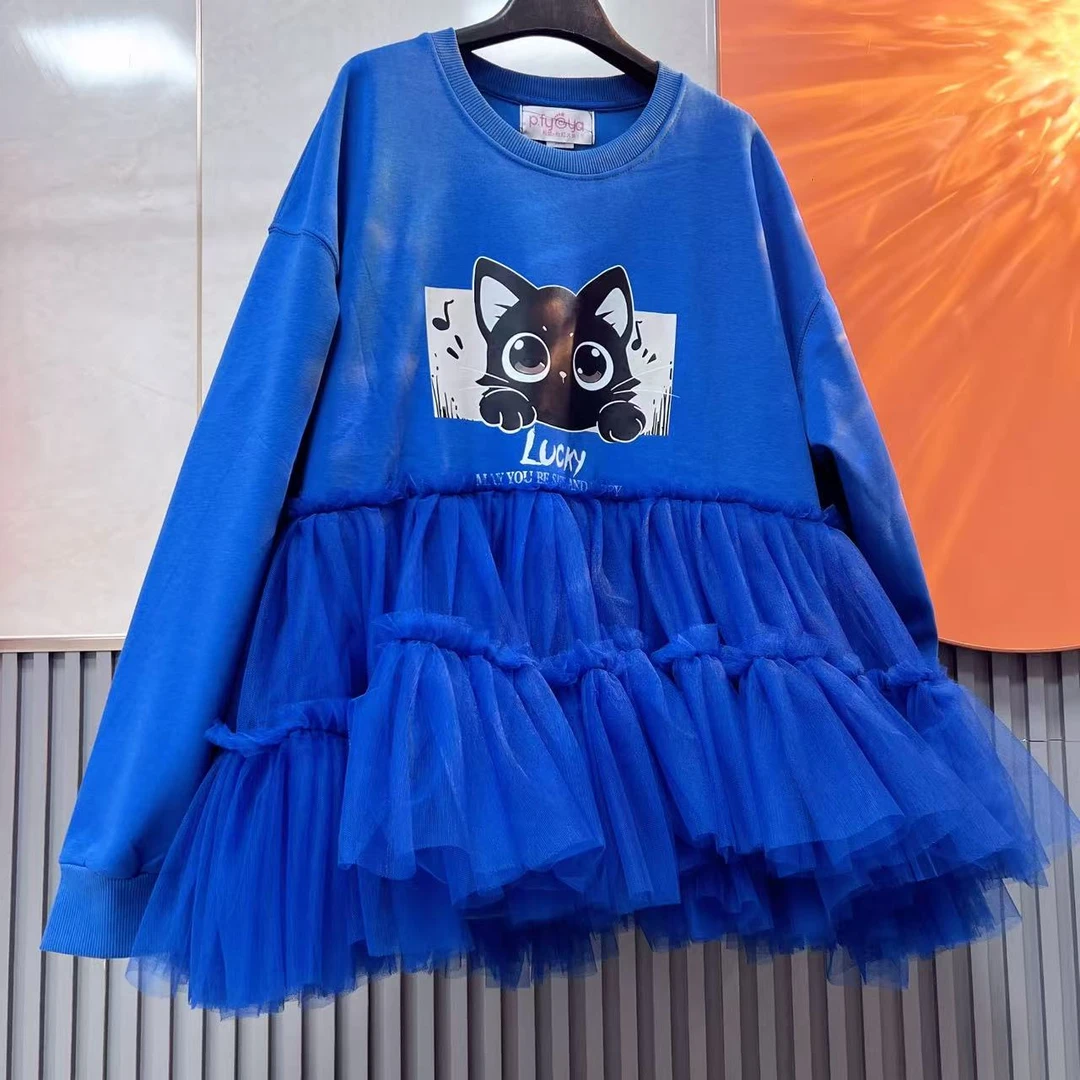 2043【熙妮潮牌】潮牌设计师私人定制猫咪印花套头卫衣拼纱裙宽松