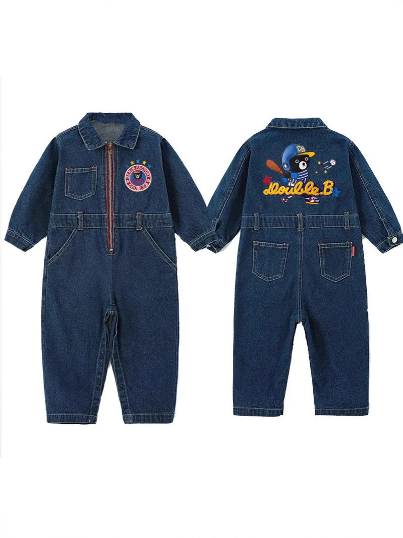 Miki童装春季新款卡通男女童牛仔工装裤可爱休闲裤棒球小熊连体裤