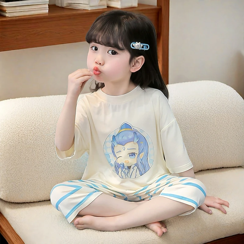 女童睡衣夏季莫代尔七分袖空调服儿童春夏薄款宝宝卡通家居服