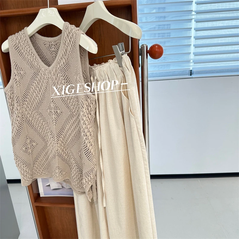 复古重工钩花镂空V领针织背心女夏季外穿宽松无袖小开衩上衣吊带