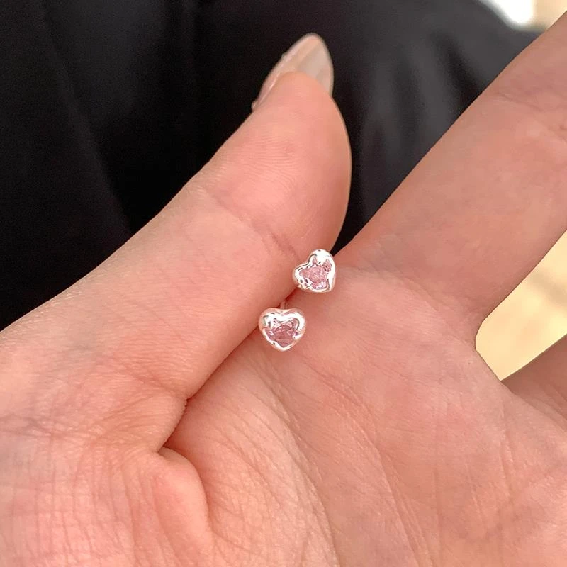 足银合成锆石耳饰 999银迷你粉锆爱心耳钉女小巧精致耳环秀气学生