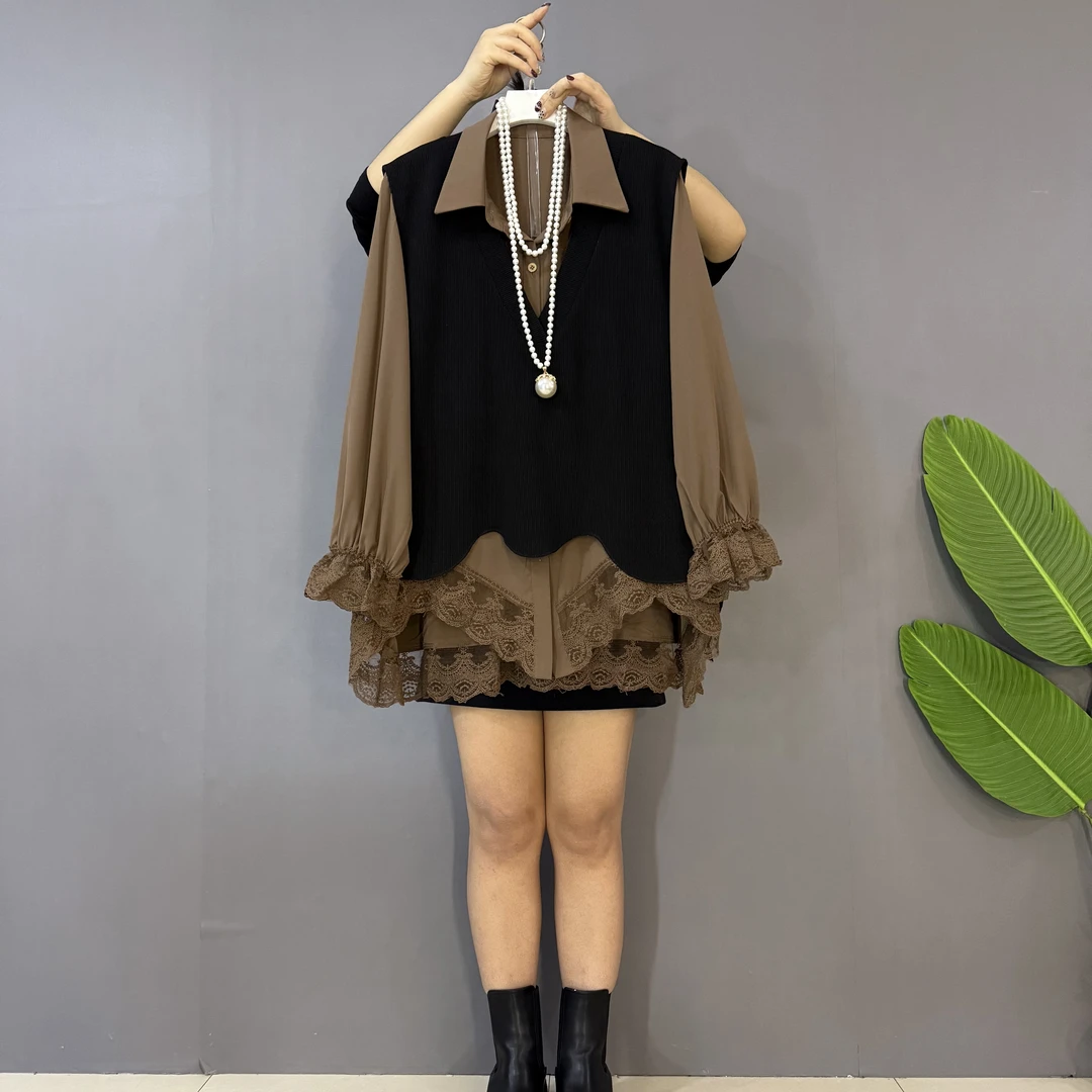 早秋新款时尚洋气蕾丝拼接衬衫马甲两件套套装