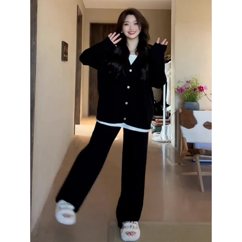 大码女装休闲套装女秋季新款宽松假两件长袖针织上衣黑色阔腿裤子
