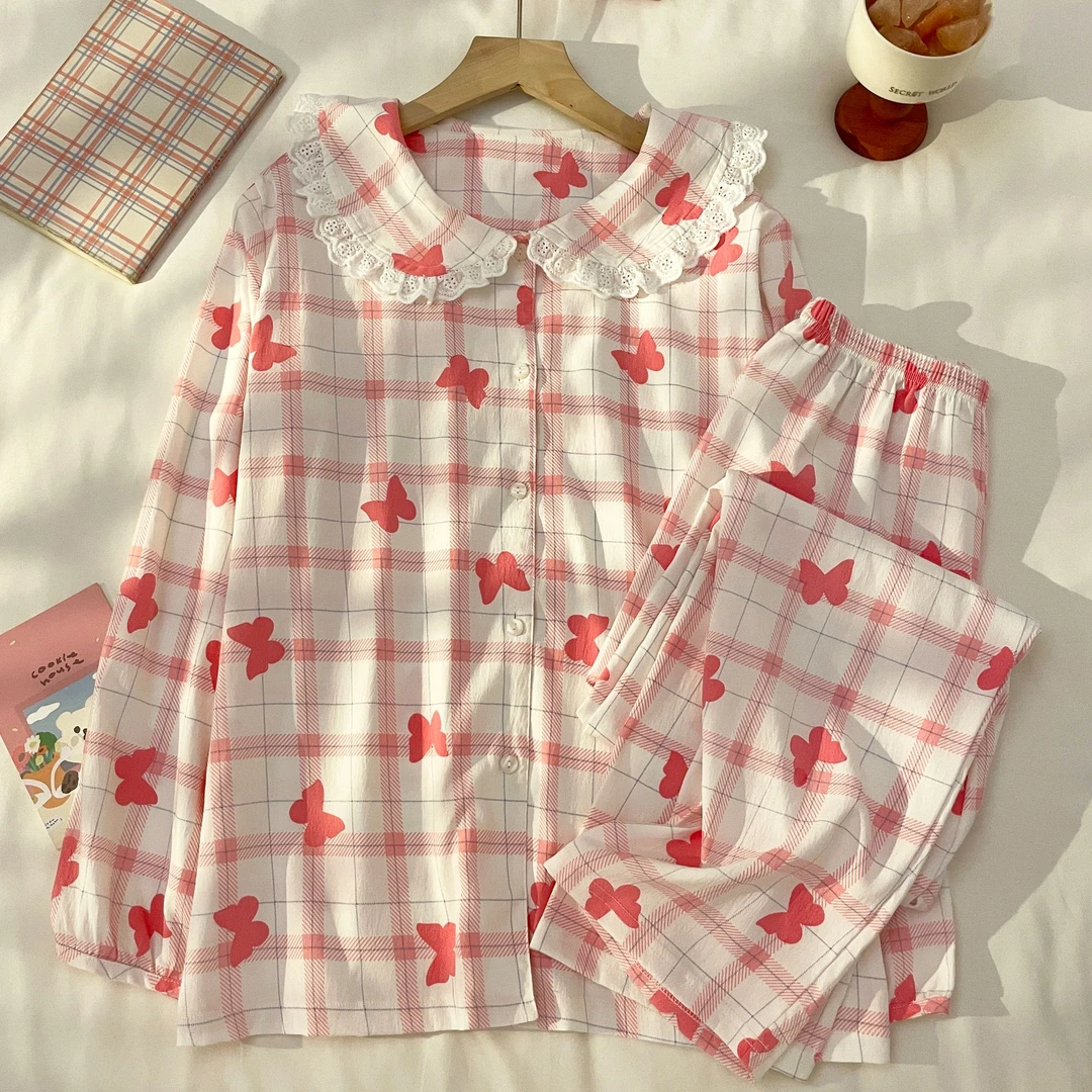 【粉色格子】春秋季开衫长袖睡衣女甜美可爱卡通家居服套装2102