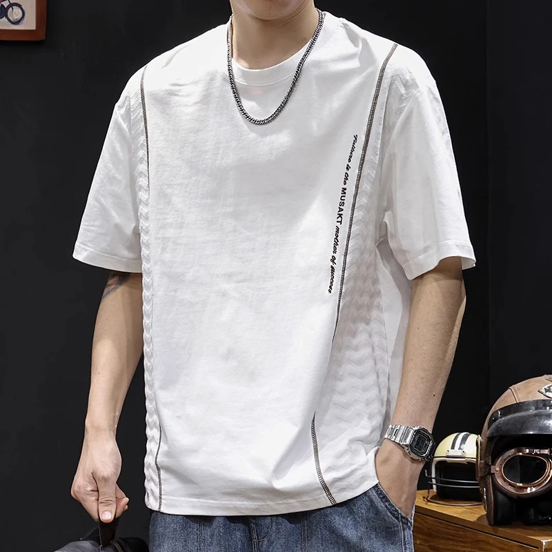 提花撞色潮牌短袖t恤男士大码夏季2025新款高端衣服重磅百搭体恤