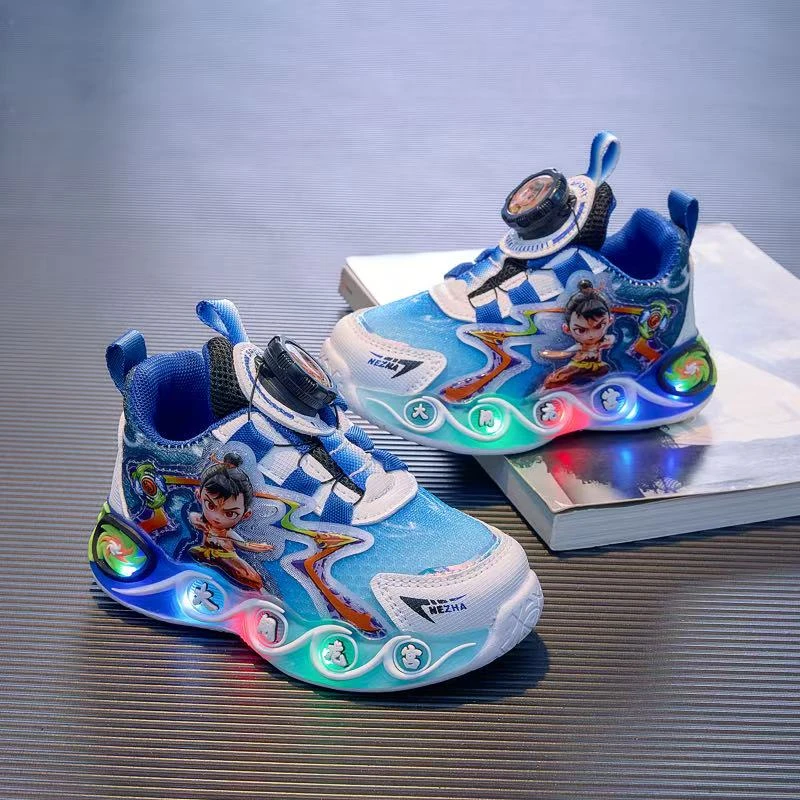 儿童春秋新款网面亮灯运动鞋男童旋转纽扣轻巧舒适户外跑步休闲鞋