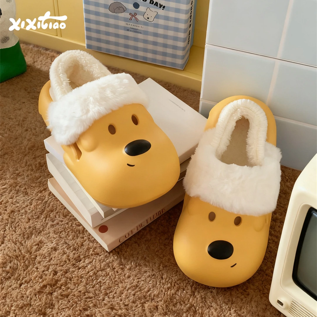 细细条 外穿防滑厚底可爱小狗防水防污棉拖鞋女冬保暖加绒洞洞鞋