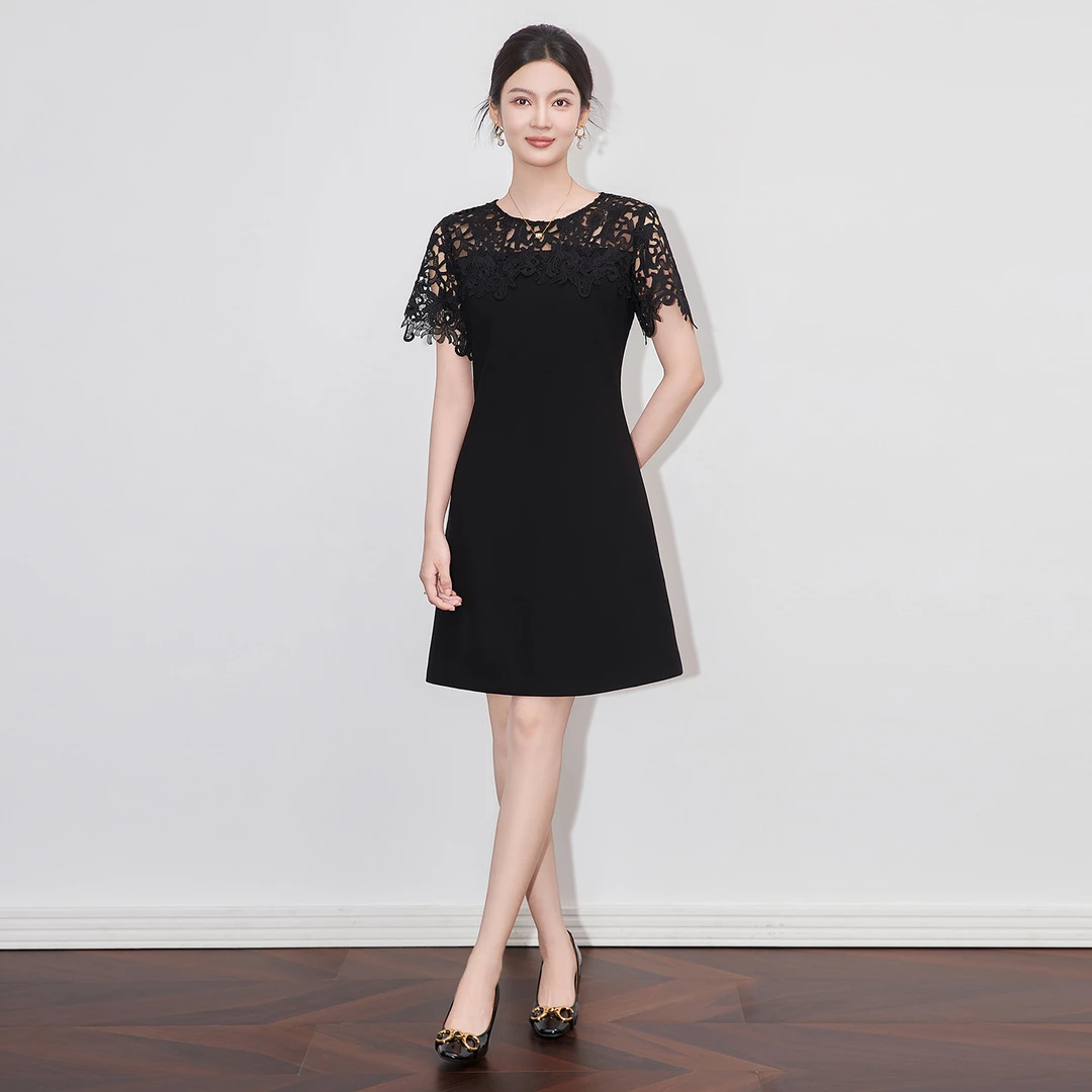 【高品质】显瘦黑色2509603-高货气质小香风水溶蕾丝刺绣感连衣裙女