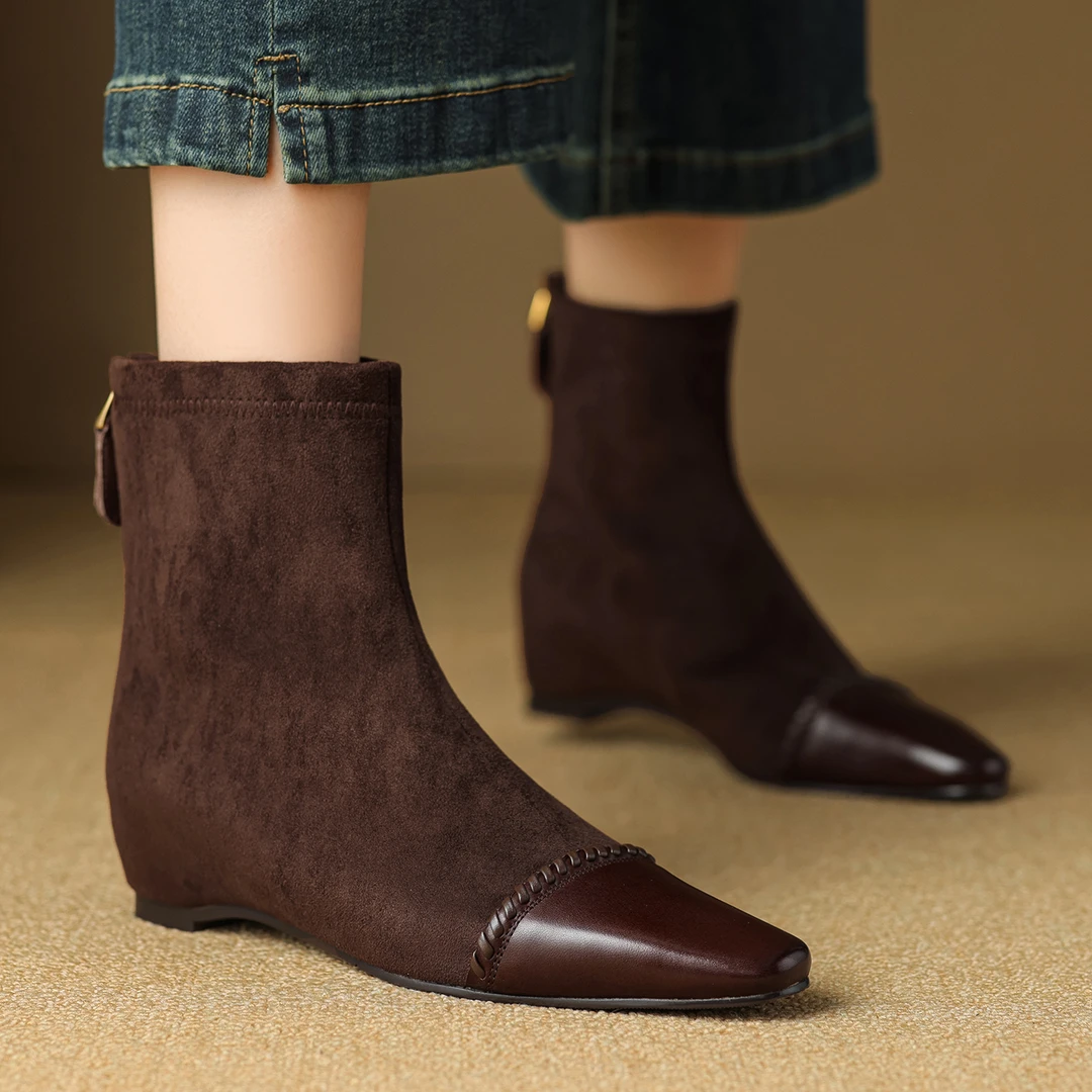 4.5cm韩版磨砂方头弹力靴百搭粗跟短靴简约黑色女靴后拉链瘦瘦靴