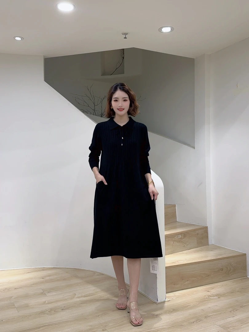 15 黑色轻奢时尚百搭翻领冬季中连衣裙